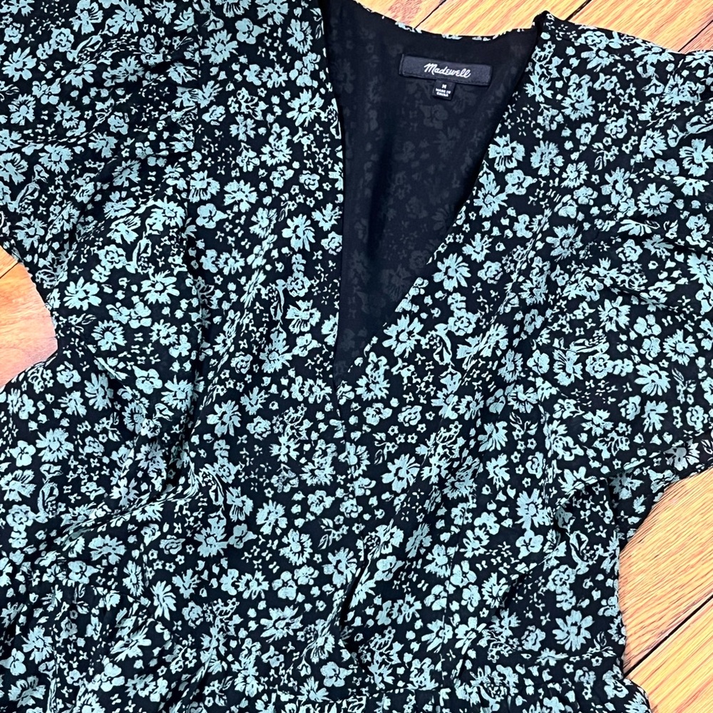 Madewell Black and Green Floral Blouse